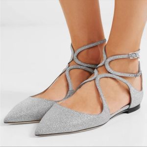 JIMMY CHOO Lancer glittered leather flats IT/EU 36 US 6 NEW Silver